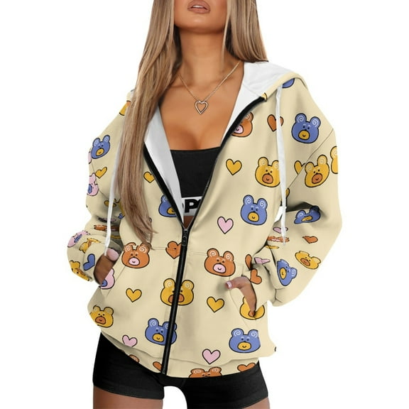 COEQINE Women's Hoodie Full Zip Up Oversized Sweatshirts Fashion Long Sleeve Casual Wear Soft Bear and Love Yellow Pattern with Pockets Fall Winter Sweater, L