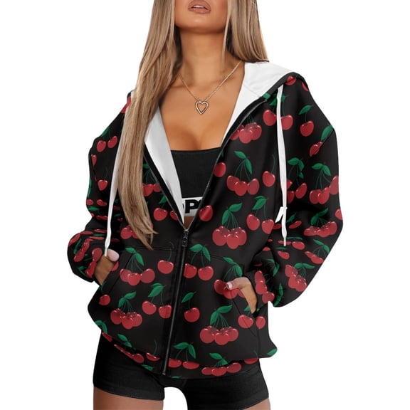 COEQINE Women's Hoodie Long Sleeve Casual Wear Full Zip Up Sweatshirts Fashion Jacket Oversized Cherry Black Pattern Fall Winter Outfits with Pockets, 3XL