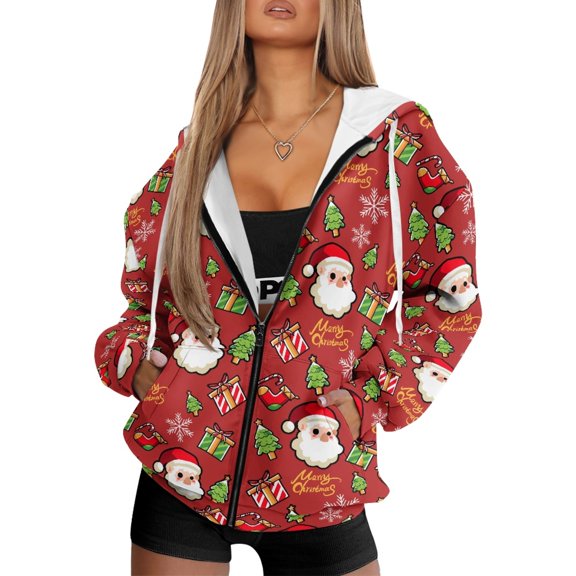 COEQINE Women's Hoodie Long Sleeve Oversized Sweatshirts Full Zip Up with Pockets Fashion Sweater Christmas Tree and Santa Claus Red Pattern Casual Wear, S