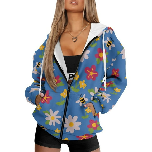 COEQINE Women's Hoodie Long Sleeve Sweatshirts Fashion Y2K Oversized Full Zip Up Soft Casual Wear Flowers and Bees Blue Print with Pockets Fall Winter Outfits Jacket, M