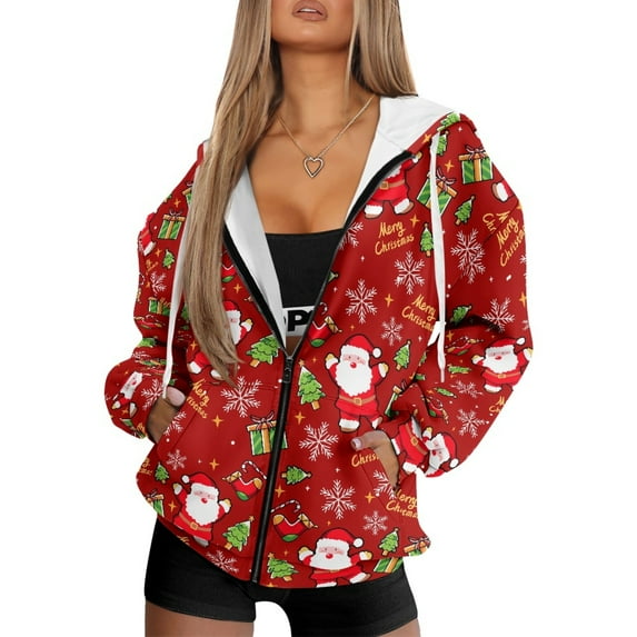 COEQINE Women's Hoodie Sweatshirts Full Zip Up Long Sleeve Oversized Fashion Y2K Casual Outfits Christmas Santa Claus Tree Gift Red Pattern Lightweight Jacket with Pockets, XS