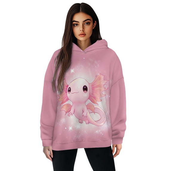 COEQINE Women's Hoodies Casual Printing Oversized Pullover Sweatshirts Soft Long Sleeves Y2K Cozy Fashion Loose Lightweight Sweatshirt Axolotl Pink Fall winter Outfits Clothes, L