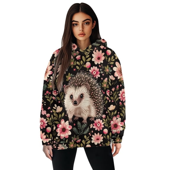 COEQINE Women's Hoodies Casual Wear Oversized Pullover Sweatshirts Long Sleeves Loose Lightweight Cozy Workout Fashion Y2K Soft Hedgehog and Flowers Fall Winter Outfits Clothes, L