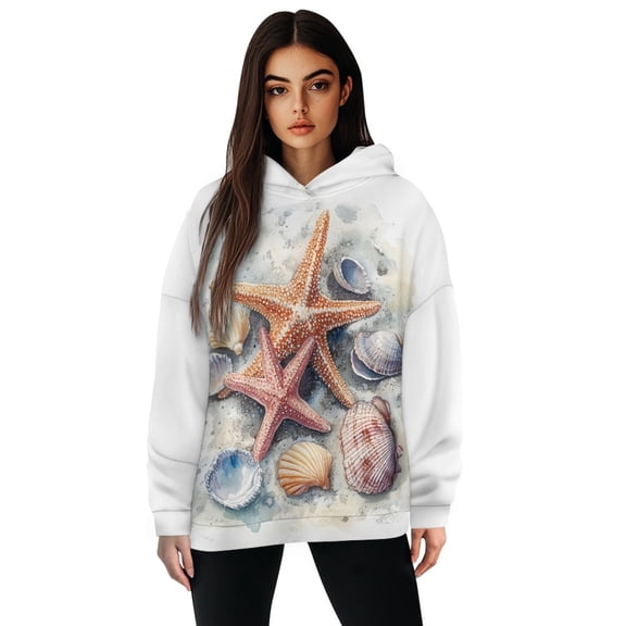 COEQINE Women's Hoodies Long Sleeves Tops Sweatshirts Pullover Oversized Crewneck Fashion Y2K Loose Fit Cozy Soft Women Starfishs and Shells Casual Wear Fall Winter Outfits Clothes, M