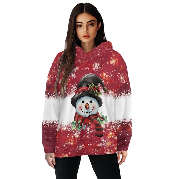 COEQINE Women's Hoodies Oversized Crewneck Tops Soft Cozy Pullover Sweatshirts Fashion Long Sleeves Y2K Loose Christmas Snowman Red Printing Lightweight Fall Winter Outfits Clothes, L