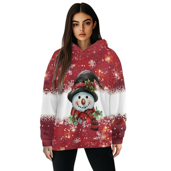 COEQINE Women's Hoodies Oversized Crewneck Tops Soft Cozy Pullover Sweatshirts Fashion Long Sleeves Y2K Loose Christmas Snowman Red Printing Lightweight Fall Winter Outfits Clothes, S