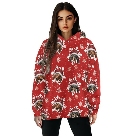 COEQINE Women's Hoodies Oversized Long Sleeves Tops Sweatshirts Pullover Soft Loose Fashion Y2K Crewneck Fit Hooded Sweatshirt Christmas Dogs and Snowflakes Fall Winter Outfits Clothes, M