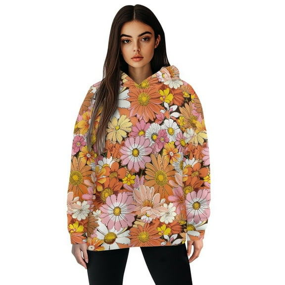 COEQINE Women's Hoodies Pullover Sweatshirts Oversized Casual Soft Cozy Fashion Women Printing Loose Daisy Long Sleeves Y2K Lightweight Crewneck Fit Hooded Outfits Sweatshirt, M