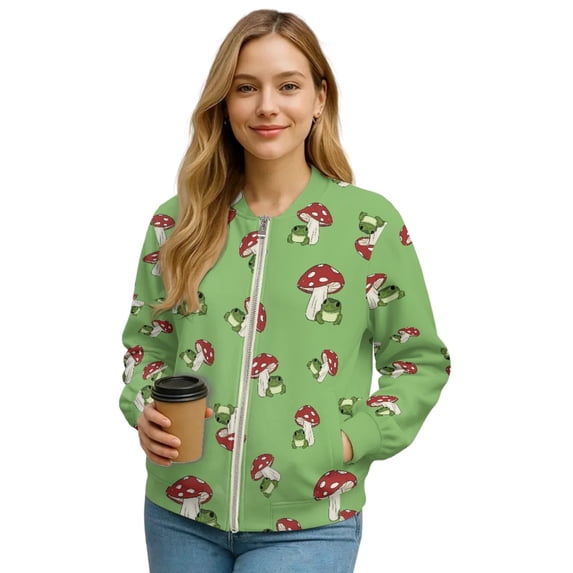 COEQINE Women's Lightweight Bomber Jacket Full Zip Varsity Jackets with Pockets, Casual Loose Fit Moto Biker Coats Cropped Stand Collar Baseball Outerwear, 3X-Large, Green Frog Mushroom
