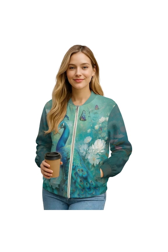 Women's Lightweight Bomber Jacket Full Zip Varsity Jackets with Pockets, Casual Loose Fit Moto Biker Coats Cropped Stand Collar Baseball Outerwear, Medium, Peacock Floral