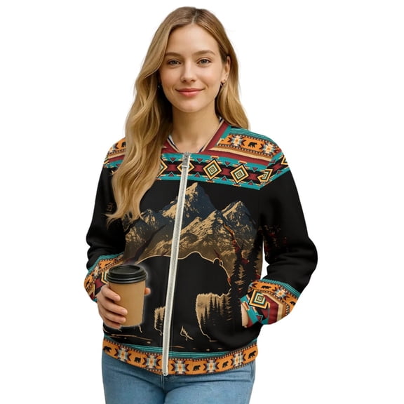 COEQINE Women's Lightweight Bomber Jacket Full Zip Varsity Jackets with Pockets, Casual Loose Fit Moto Biker Coats Cropped Stand Collar Baseball Outerwear, Small, American Tribal Bear