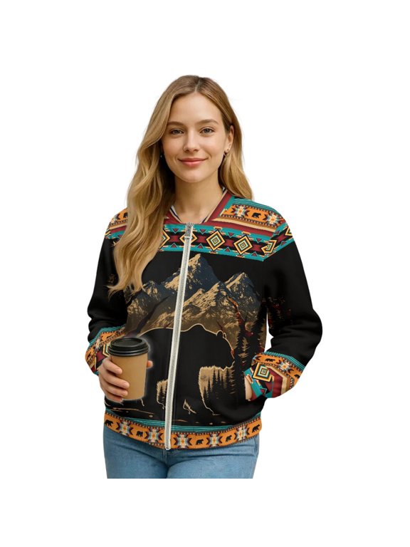 Women's Lightweight Bomber Jacket Full Zip Varsity Jackets with Pockets, Casual Loose Fit Moto Biker Coats Cropped Stand Collar Baseball Outerwear, Large, American Tribal Bear