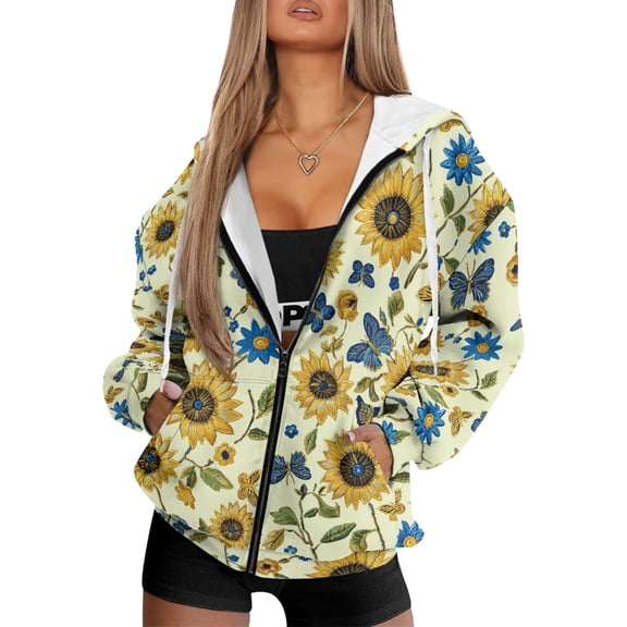 COEQINE Women's Long Sleeve Hoodie Fashion Oversized Sweatshirts Dragonfly Dark Blue Pattern Full Zipper Y2K Jacket Soft Casual Wear Fall Tops with Pockets, XL