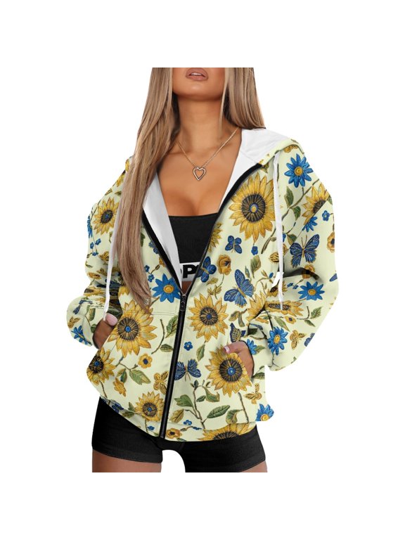 Women's Long Sleeve Hoodie Fashion Oversized Sweatshirts Dragonfly Dark Blue Pattern Full Zipper Y2K Jacket Soft Casual Wear Fall Tops with Pockets, L