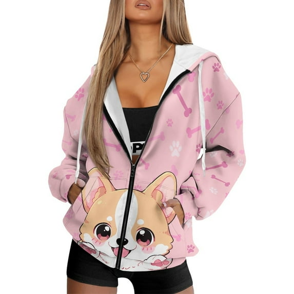 COEQINE Women's Long Sleeve Hoodie Oversized Full Zip Up Sweatshirts Soft Casual Outfits Cute Puppy Pink Print with Pockets Fall Fashion Jacket Lightweight Tops, XS