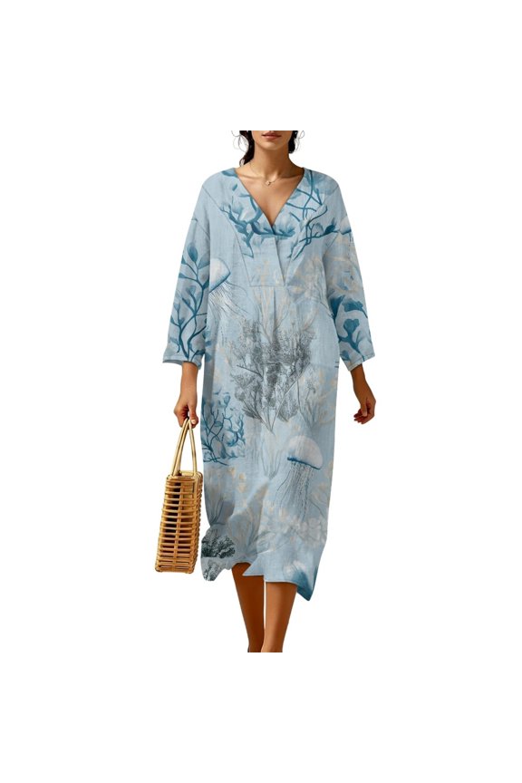 Women's Office Casual Dress 3/4 Sleeve Wrap V-Neck Long Dresses Linen Look Loose Fit Midi Tunic Sundress for Work, Machine Washable, Size 3XL, Hummingbird Hydrangea Blue