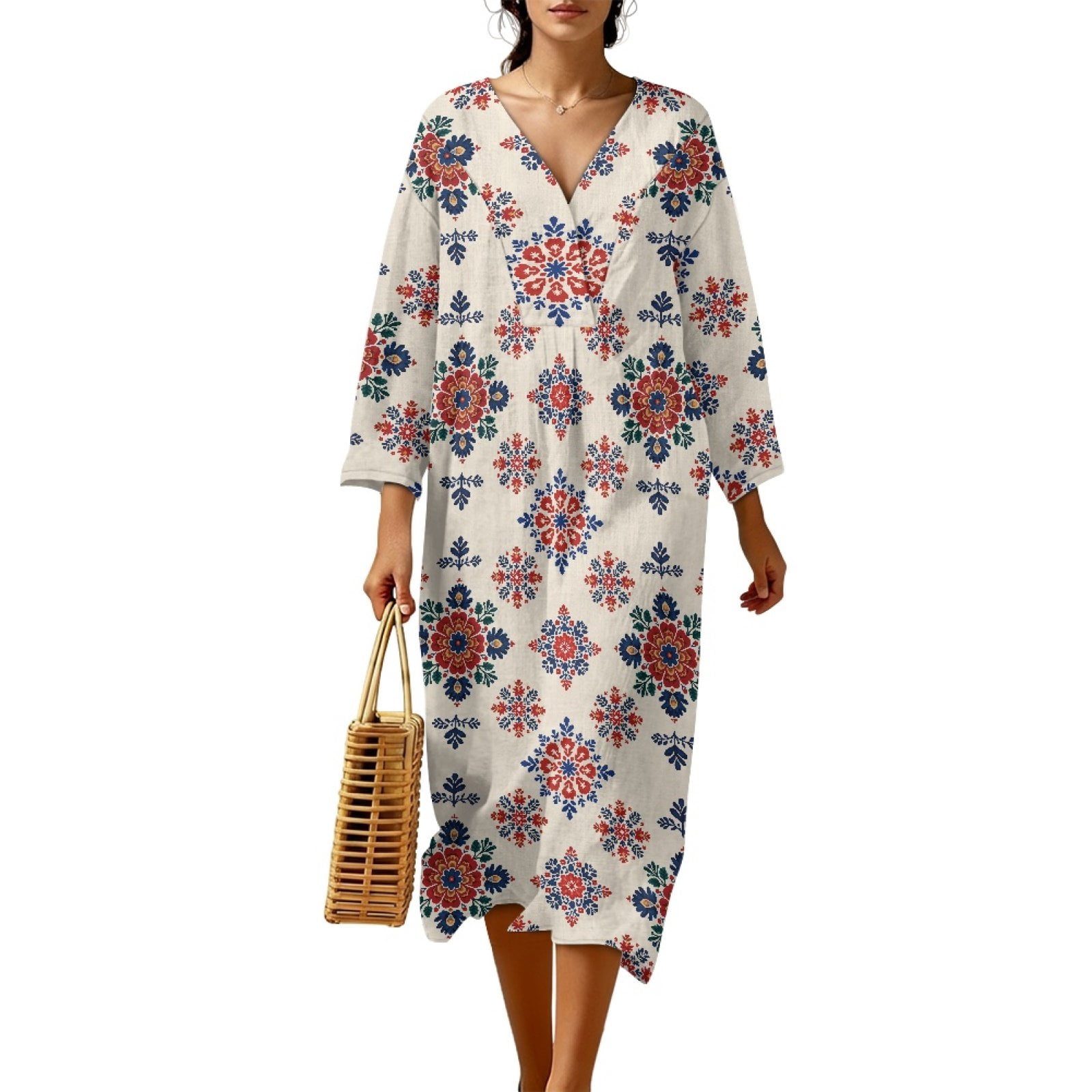 Polyester Sundress COEQINE Women's Shift Dress Loose Flowy A Line 3/4 Sleeve Day Dress ...