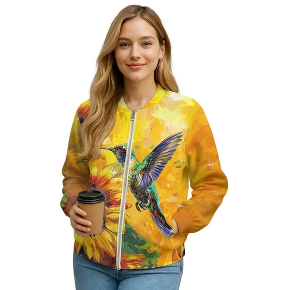 COEQINE Women's Short Bomber Jacket Lightweight Trendy Motorcycle Jackets Zip Up Cropped Moto Biker Coats with Pockets, 2025 Varsity Shacket Coats, 3X-Large, Hummingbird Sunflower