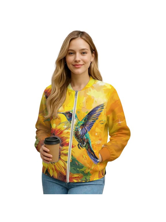 Women's Short Bomber Jacket Lightweight Trendy Motorcycle Jackets Zip Up Cropped Moto Biker Coats with Pockets, 2025 Varsity Shacket Coats, 4X-Large, Hummingbird Sunflower