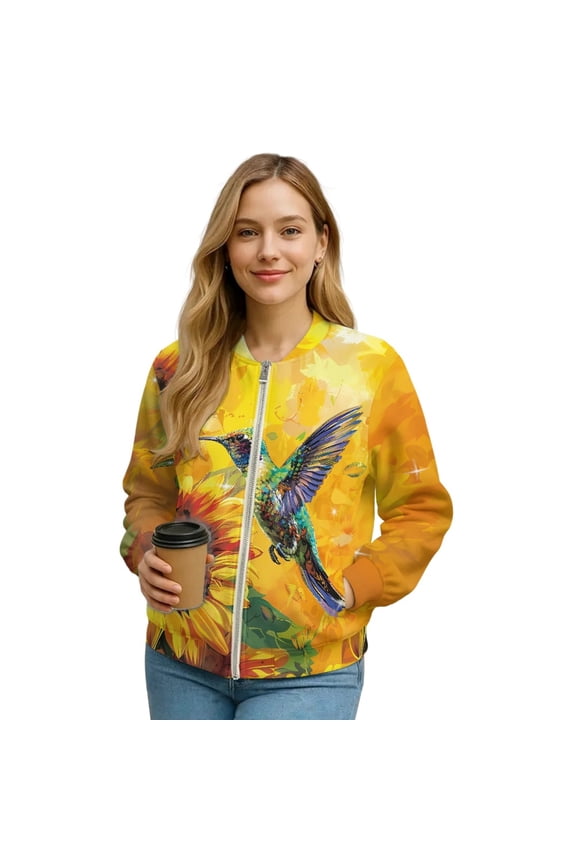 Women's Short Bomber Jacket Lightweight Trendy Motorcycle Jackets Zip Up Cropped Moto Biker Coats with Pockets, 2025 Varsity Shacket Coats, Large, Hummingbird Sunflower