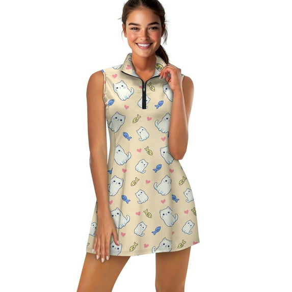COEQINE Women's Tennis Dress with Built in Shorts and Pockets V-Neck Sleeveless Sports Dresses 2 Piece Set Washable Pickleball Outfits Cat Fish and Heart Yellow Print Golf Outfits, XL