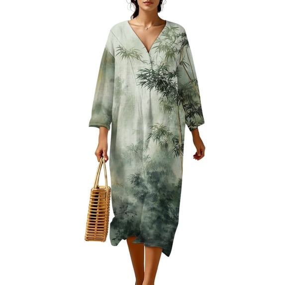 COEQINE Women's Wrap V-Neck Dress Three Quarter Sleeve Midi Length Casual Loose Fit Flattering Tunic Sundress, Easy Care Linen-Like Polyester, Size 4XL, Green Bamboo Print