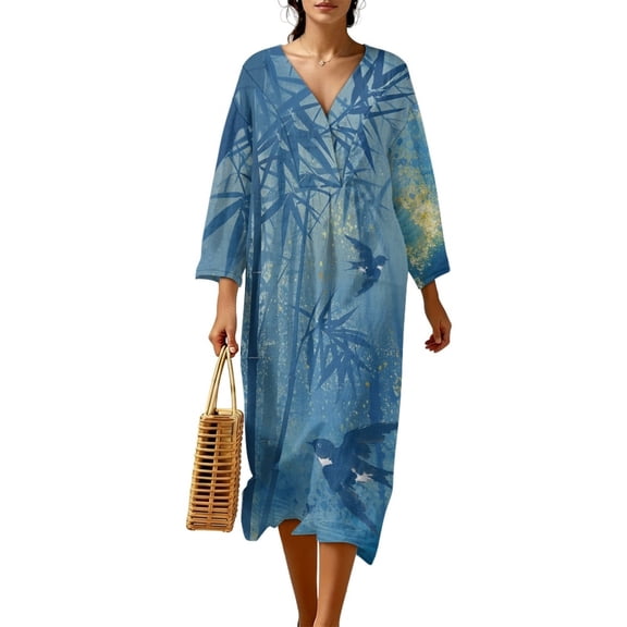 COEQINE Women's Wrap V-Neck Dress Three Quarter Sleeve Midi Length Casual Loose Fit Flattering Tunic Sundress, Zen Style Easy Care Linen-Like Polyester, Size 3XL, Blue Swallow Bamboo Print