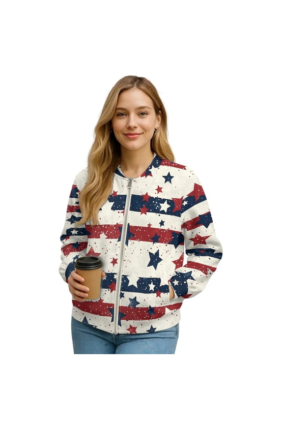 Women's Zip Up Bomber Jacket Casual Cropped Bomber Outfits with Pockets, 4th of July Patriotic Outerwear Varsity Jackets Shackets Fall Coats, Large, American Flag Stars and Stripes