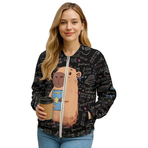 COEQINE Women's Zip Up Bomber Jacket Casual Stand Collar Cropped Bomber Outfits with Pockets, Fashion Outerwear Varsity Jackets Shackets Fall Coats, 3X-Large, Capybara Science Math