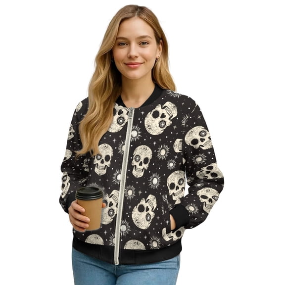 COEQINE Women's Zip Up Bomber Jacket Casual Stand Collar Cropped Bomber Outfits with Pockets, Fashion Outerwear Varsity Jackets Shackets Fall Coats, 3X-Large, Gothic Skull Moon Star