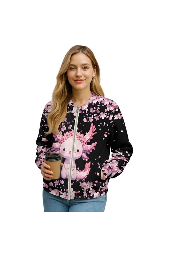 Women's Zip Up Bomber Jacket Coat Long Sleeve Cardigan Jacket Slouchy Cropped Coats Lightweight Outerwear Streetwear Fall Winter Tops, 3X-Large, Axolotl Cherry Blossom