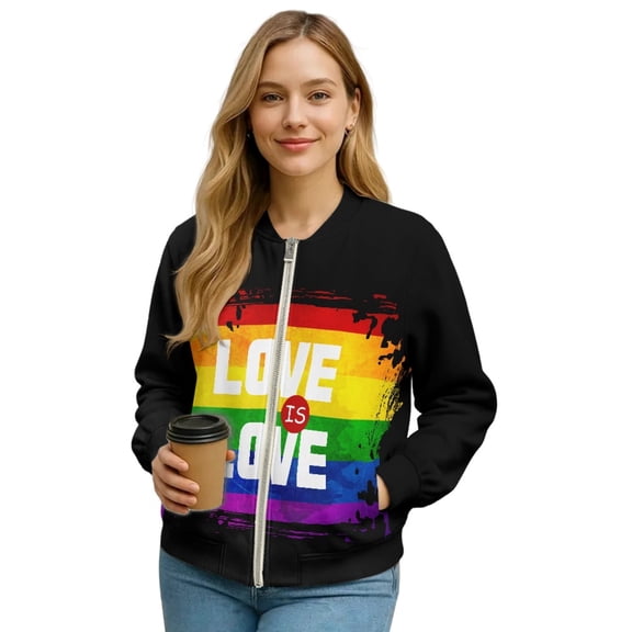 COEQINE Women's Zip Up Bomber Jacket Coat Long Sleeve Cardigan Jacket Slouchy Cropped Coats Lightweight Outerwear Streetwear Fall Winter Tops, 3X-Large, LGBTQ+ Pride Rainbow Love is Love Print