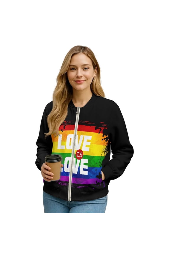 Women's Zip Up Bomber Jacket Coat Long Sleeve Cardigan Jacket Slouchy Cropped Coats Lightweight Outerwear Streetwear Fall Winter Tops, 3X-Large, LGBTQ+ Pride Rainbow Love is Love Print