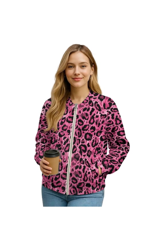 Women's Zip Up Bomber Jacket Coat Long Sleeve Cardigan Jacket Slouchy Cropped Coats Lightweight Outerwear Streetwear Fall Winter Tops Clothes, 3X-Large, Pink Leopard Print