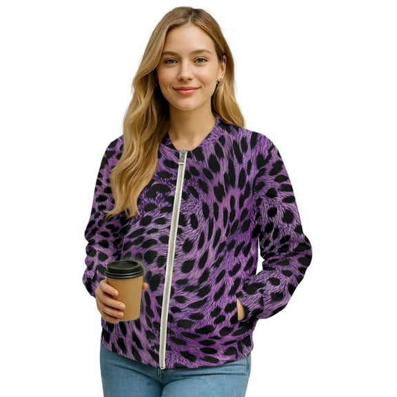 COEQINE Women's Zip Up Bomber Jacket Coat Long Sleeve Cardigan Jacket Slouchy Cropped Coats Lightweight Outerwear Streetwear Fall Winter Tops, Large, Purple Leopard Print