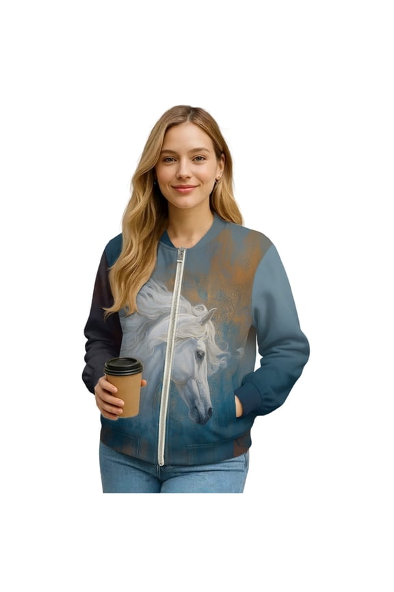 Women's Zip Up Bomber Jacket Coat Long Sleeve Cardigan Jacket Slouchy Cropped Coats Lightweight Outerwear Streetwear Fall Winter Tops, Medium, Artistic Horse