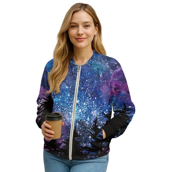COEQINE Women's Zip Up Bomber Jacket Coat Long Sleeve Cardigan Jacket Slouchy Cropped Coats Lightweight Outerwear Streetwear Fall Winter Tops, Medium, Galaxy Forest Starry Night