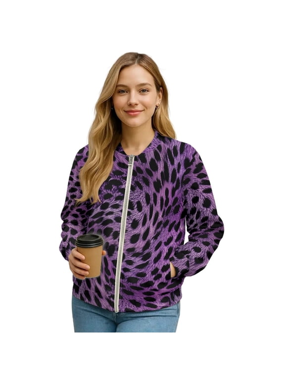 Women's Zip Up Bomber Jacket Coat Long Sleeve Cardigan Jacket Slouchy Cropped Coats Lightweight Outerwear Streetwear Fall Winter Tops, Medium, Purple Leopard Print