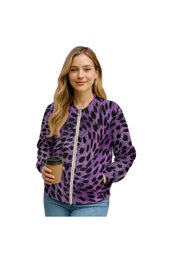 Women's Zip Up Bomber Jacket Coat Long Sleeve Cardigan Jacket Slouchy Cropped Coats Lightweight Outerwear Streetwear Fall Winter Tops, Medium, Purple Leopard Print