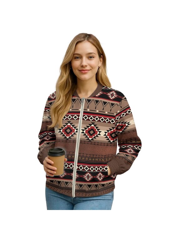 Women's Zip Up Bomber Jacket Coat Long Sleeve Cardigan Jacket Slouchy Cropped Coats Lightweight Outerwear Streetwear Fall Winter Tops, Medium, Southwest American Tribal Red Brown