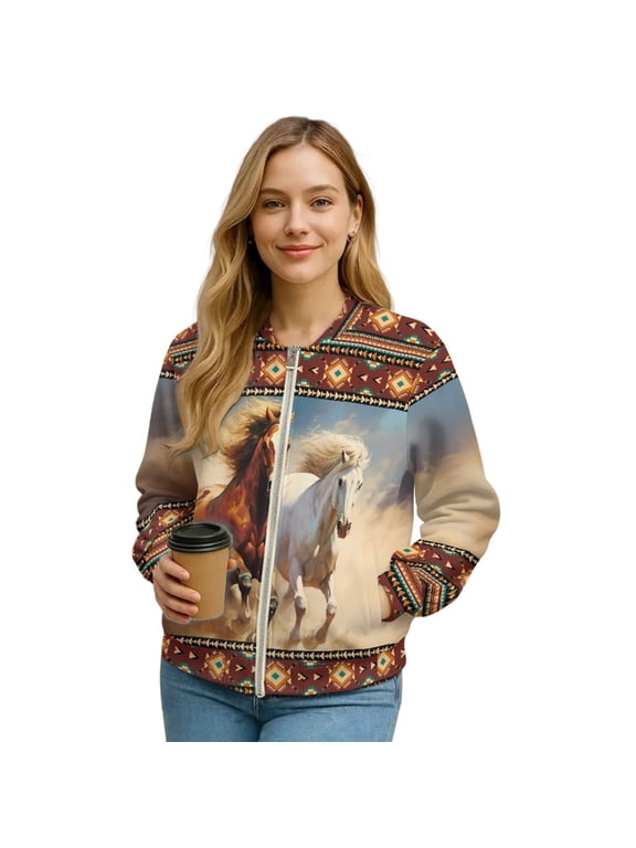 Women's Zip Up Bomber Jacket Cropped Relaxed Fit Bomber Outfits with Pockets, Fashion Moto Biker Coats Varsity Jackets Shackets Warm Winter Coats, 4X-Large, American Tribal Horse Brown