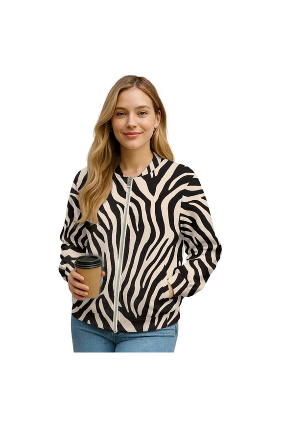 Women's Zip Up Bomber Jacket Cropped Relaxed Fit Bomber Outfits with Pockets, Fashion Moto Biker Coats Varsity Jackets Shackets Warm Winter Coats, Large, Zebra Print Beige