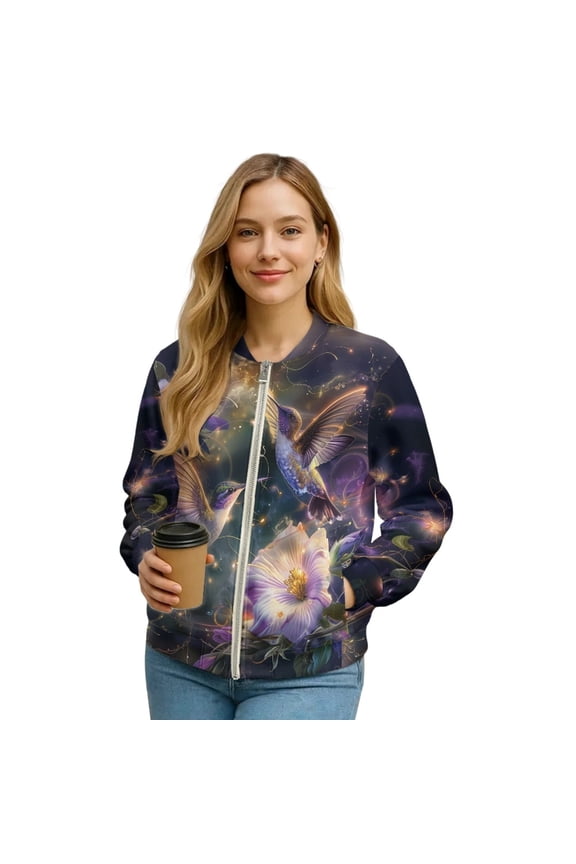 Women's Zip Up Bomber Jacket Cropped Relaxed Fit Bomber Outfits with Pockets, Fashion Moto Biker Coats Varsity Jackets Shackets Warm Winter Coats, Medium, Hummingbird Floral Purple