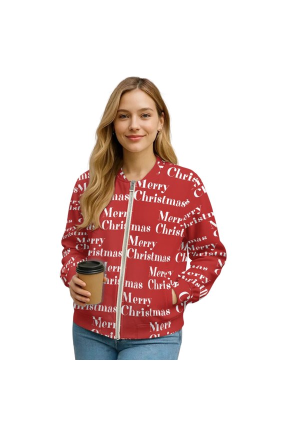 Women's Zip Up Bomber Jacket Cropped Relaxed Fit Bomber Outfits with Pockets, Fashion Moto Biker Coats Varsity Jackets Shackets Warm Winter Coats, Small, Merry Christmas Red