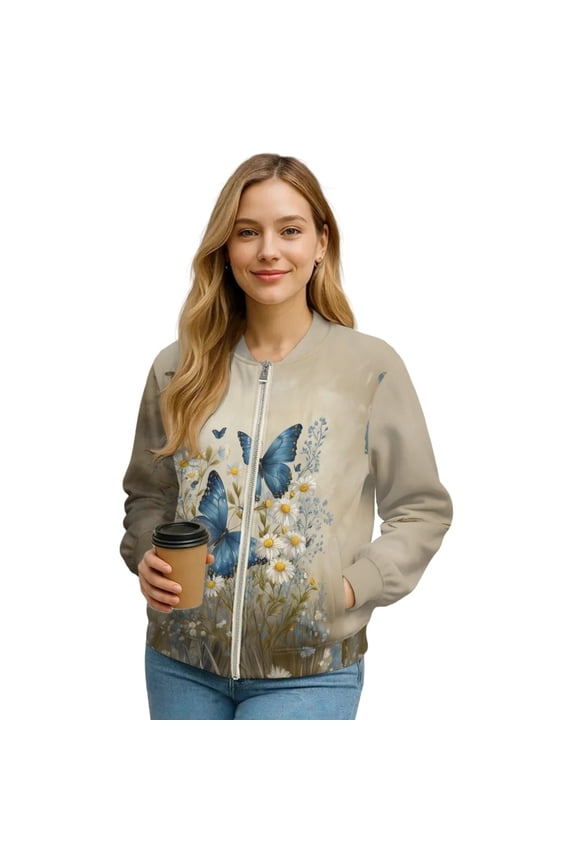 Women's Zip Up Bomber Jacket, Lightweight Loose Fit Outerwear Stand Collar Bomber Coats with Pockets, Casual Fashion Streetwear Fall Clothes, Medium, Butterfly Daisy Retro