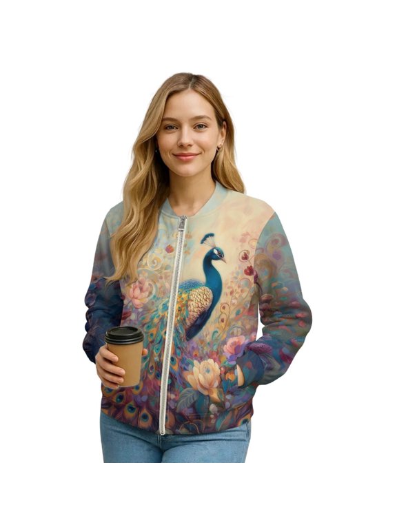 Women's Zip Up Bomber Jacket, Lightweight Loose Fit Outerwear Stand Collar Bomber Coats with Pockets, Casual Fashion Streetwear Fall Winter Clothes, Medium, Peacock Floral