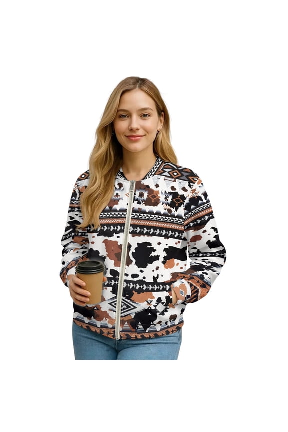 Women's Zip Up Bomber Jacket with Pockets, Lightweight Varsity Jackets Outerwear Stand Collar Bomber Coats Casual Fashion Fall Sweatshirts, Medium, American Tribal Cow Print