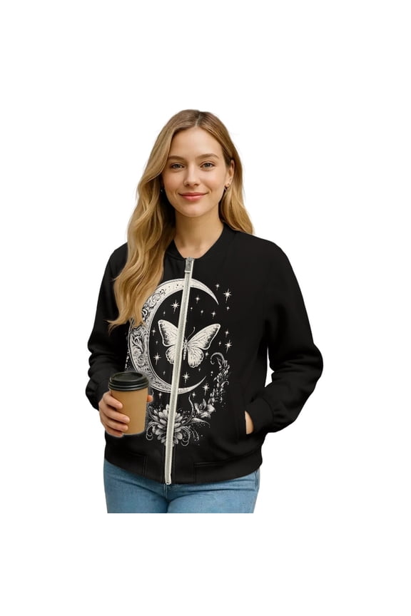 Women's Zip Up Bomber Jacket with Pockets, Lightweight Varsity Jackets Outerwear Stand Collar Bomber Coats Casual Fashion Fall Sweatshirts, Small, Celestial Butterfly Moon Star