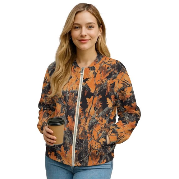 COEQINE Women's Zip Up Bomber Jacket with Pockets, Lightweight Varsity Jackets Outerwear Stand Collar Bomber Coats Casual Fashion Fall Sweatshirts, X-Large, Autumn Leaf Hunting Camouflage