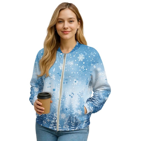 COEQINE Women's Zip Up Bomber Jacket with Pockets, Lightweight Varsity Jackets Outerwear Stand Collar Bomber Coats Casual Fashion Fall Sweatshirts, XX-Large, Christmas Tree Snowflake Music Note